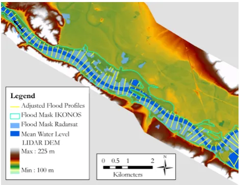 Fig. 3. the original ﬂood mask derived from Radarsat-1 (light blue). The cross section ﬂood proﬁles with a spacing of 100 m were horizon-Figure 3