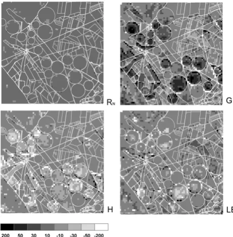 Fig. 4.Differences between TSEB output(W/mtimations from the physical (TSEB RN, G, H and LE2), subtracting empirical approach of surface parameter es-lut – TSEBndvi), Barrax test site,18 July 2004.