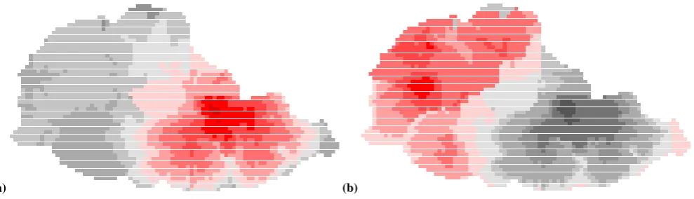 Fig. 6. First singular vectors (i.e. (a) v1 and (b) v2) in the parameter space for the roughness coefﬁcient n (red color ramp for positivecomponents and gray for negative).