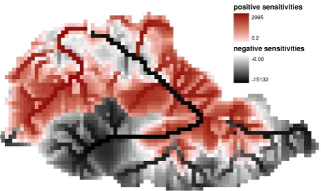 Fig. 5. Spatial variability for the sensitivity of the ﬂood peak to thefriction coefﬁcient.