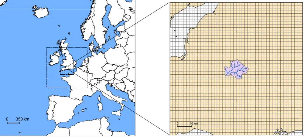 Fig. 1. The Brue catchment and the mesh conﬁgured for GBDM model (the horizontal and vertical axes refer to the Easting and Northing inNational Grid Reference co-ordinates).