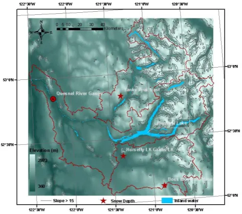 Fig. 2. The distribution of terrain in the Quesnel River Basin by (a)elevation, (b) slope and (c) aspect calculated from the Global LandOne-kilometer Base Elevation (GLOBE) digital elevation model.