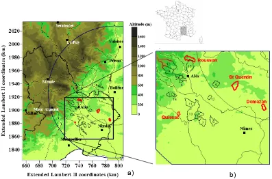 Fig. 1. (a) Map of the topography of the C´evennes – Vivarais region andFigure 1 (b) zoom into the Gard region where the studied catchments and 17catchments used for validation are located