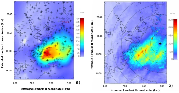 Fig. 3. 48h cumulated rain (8 September 2002 O6:00 UTC to 10 September 2002 06:00 UTC) observed from(b) (a) the raingauge network and the Boll`ene radar (+).