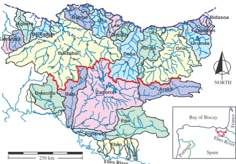 Fig. 1. Division of the study area in 21 systems (different colours)and 41 basins. Thick red line divides the study area into northernand southern basins