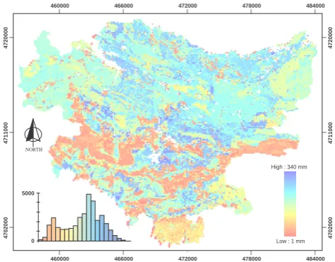 Fig. 6. Results of the initial estimation of parameter map, Hu, inmm. The frequency histogram is in the lower left corner.
