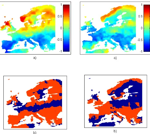 Fig. 6. (a) Map of Spearman rank correlation coefﬁcients betweenSPI3F and East Atlantic West Russia Index; (b) red areas representregions where the correlation is signiﬁcant.