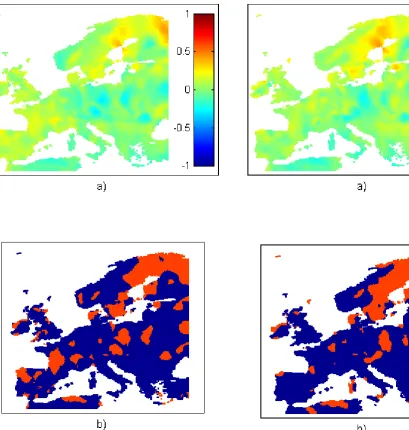 Fig. 8. (a) Map of the Mann-Kendall trend coefﬁcients for the meanwinter SPI3; b) red areas represent regions where a signifcant trendhas been detected.