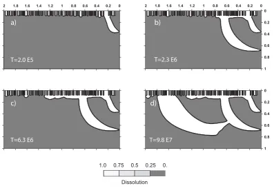 Fig. 3.the non dissolved media (ﬁnger at the vertical boundary, c) corresponds to the capture by the second ﬁnger of a series of ﬁngers developing up to Dissolution evolution for our reference case with inﬁniteFigure 3 Da, P e=300 and the permeability rati