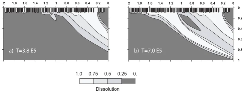 Fig. 5. Dissolution with a ﬁnite dissolution rate, characterized by Da=10, P e=300, and Rk=1000 (non-dimensional time units)