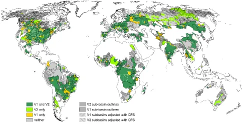 Fig. 3. Results of tuning WGHM 2.1 f variants V1 and V2. The color of the basins indicates whether each variant can compute observedlong-term average river discharge at the stations by only adjusting the runoff coefﬁcient