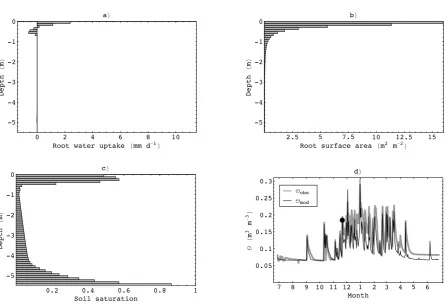Fig. 9. Simulated below-ground conditions during the early wet season (147 days after model initialisation) simulated using a ﬁxed rootdistribution