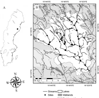 Fig. 1. (A) Location of the Krycklan catchment in Sweden and (B) location of 60 stream sampling sites within the catchment.