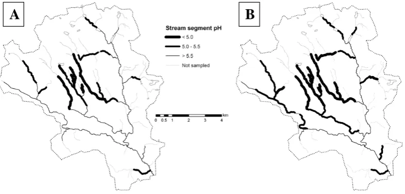 Fig. 4. The proportion of stream length affected by low pH at spring ﬂood (A) during present conditions and (B) following a 30% increasein DOC.
