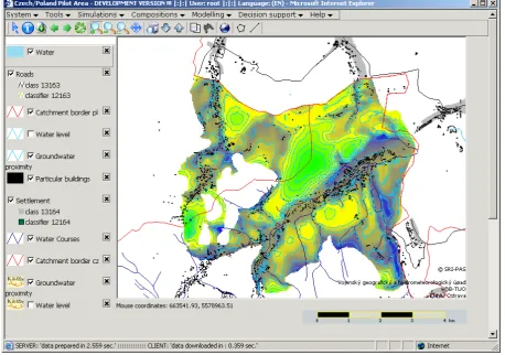 Fig. 4. Groundwater level (both isolines and raster) as a result of ModFlow model presented by web client.