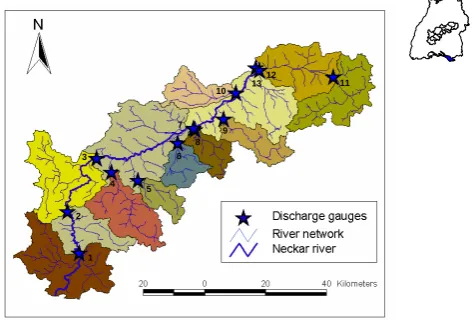 Table 1. Summary of the sizes of the different subcatchments. Thetable also contains the drainage area of each discharge gauges.