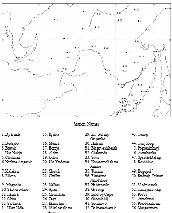 Fig. 1. The locations of 56 stations where temperature and precipitation was measured over Eastern Siberia and the Far East from 1949 to 2003.Figure 1: The locations of 56 stations where temperature and precipitation was measured over Eastern Sibe-