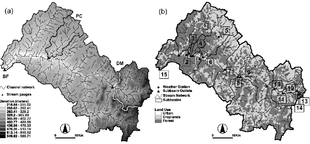 Fig. 1. Model representation of catchment topography and land cover. (a) TIN model including stream network and gauging stations forBaron Fork (BF, outer basin), Peacheater Creek (PC, black inner basin), and Dutch Mills (DM, white inner basin)