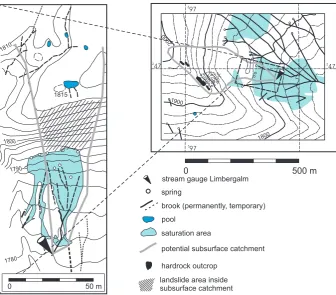 Fig. 3. Headwater catchment Limberg with stream network, saturation areas, ponds and springs (Tilch et al., 2003, modiﬁed).