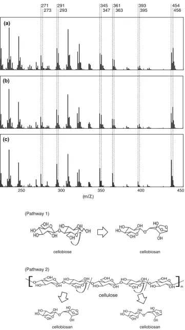 Fig. 3 Mass spectrum of the48 h (trimethylsilyl derivative ofglucose produced fromcellobiose treated at 100 �C fora) and 120 �C for 24 h(b) under N2 ? water-18O ﬂow,and compared with that treatedat 100 �C for 24 h underN2 ? water-16O ﬂow (c)