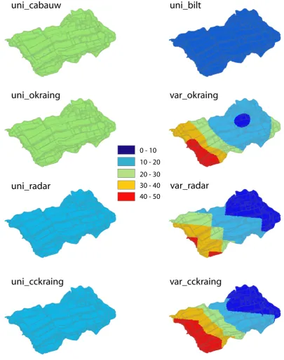 Fig. 11. Spatial pattern of rainfall in mm on 1 May 2004 for the different rainfall scenarios in the Lopikerwaard.