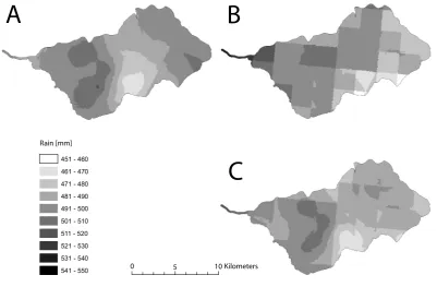Fig. 3. Spatial variation (range of values) of accumulated rainfall (March to October 2004) for all 8 scenarios