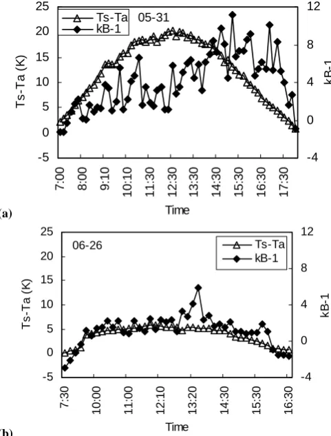 Fig. 3.  Diurnal variation of surface – air temperature difference andof excess resistance in terms of kB−1 on the two “golden” days: (a)31 May 2004 with bare soil; (b) 26 June 2006 with maize canopy,two weeks after the emergence.