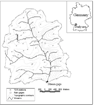 Figure 2. Observational network of the Weiherbach catchment, after Zehe et al. (2005a): soil moisture was measured at 61 TDR stations at weekly intervals (crosses)