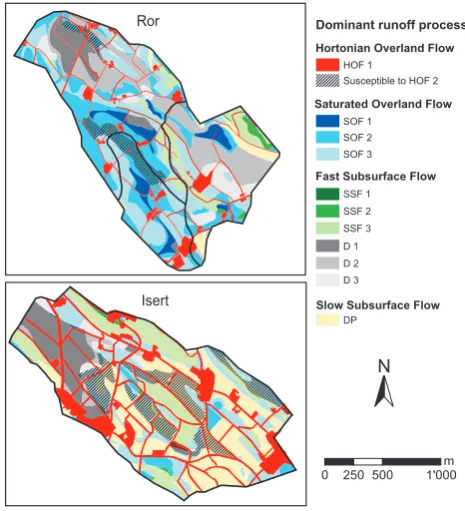 Fig. 6.Maps of dominant runoff processes in the Ror and Isertcatchment produced with set of rules given in Fig
