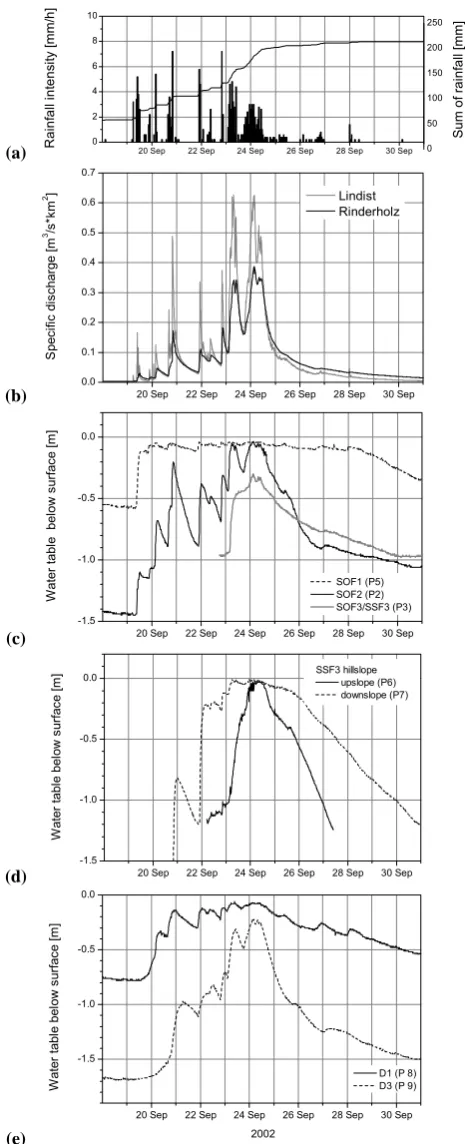Fig. 3. Rainfallsured in different process areas (a), catchment runoff (b) and soil-water levels mea- (c)–(e) in the Lindist and Rinderholzsub-catchments during the September 2002 ﬂood event.