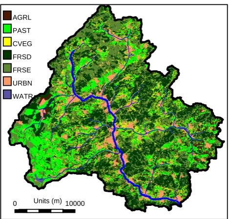 Fig. 3.Map of actual land-use in the Dill catchment based onLANDSAT TM5 data (N¨ohles, 2000)