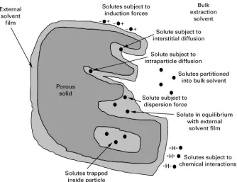 Figure 5Schematic diagram of major physical/chemical processes that may occur during the extraction of solutes from a solidsample particle.