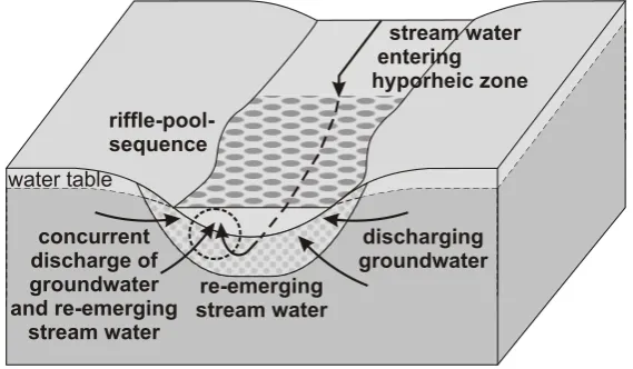 Fig. 2. Exchange ﬂows between groundwater and surface water through the hyporheic zone at a rifﬂe-pool-sequence (after Winter et al.,1998).