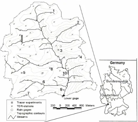 Fig. 1. Observational network of the Weiherbach catchment. Soilmoisture was measured at 61 TDR stations at weekly intervals(crosses)