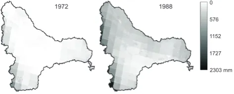 Table 1. Observed average amount of annual precipitation and its coefﬁcient of variation, observed and simulated total average annual riverrunoff (in millimetres), their standard deviations (SD), coefﬁcients of variation (CV) and model efﬁciency coefﬁcient