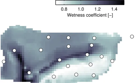 Fig. 6. Distribution of the wetness coefﬁcient for the Tarrawarracatchment. Circles indicate the soil moisture sites.