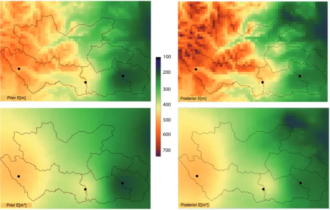 Fig. 5. Expected end of winter snow storage m and its reference-elevation component m∗, through transformation and updating