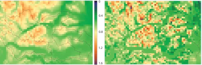 Fig. 7. Expected sub-grid SWE coefﬁcient of variation cv; a priori (left) and a posteriori (right)