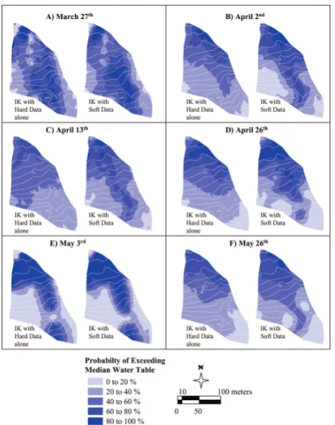 Fig. 7. IK with hard data alone and IK with soft data of study sitefor (A) 27 March, (B) 2 April, (C) 13 April, (D) 26 April, (E) 3May, and (F) 26 May rain events using indicator values from shorttime interval for peak in rise of water table with 1 m contours aswhite lines.