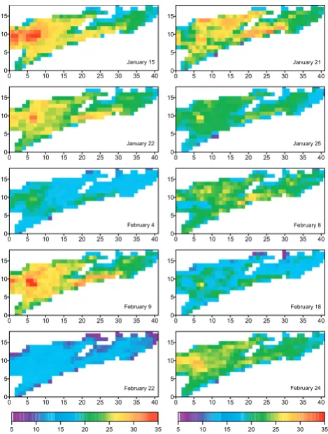 Fig. 3. Spatial distribution of surface temperature changes (◦C) cal-culated as the difference between early morning (05:30 a.m.) andafternoon (03:30 p.m.) NOAA-AVHRR overpasses