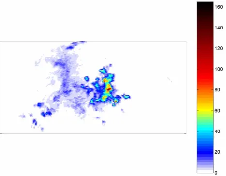Fig. 1. (b) Radially averaged power spectrum of instantaneous rain-fall rate from typical radar rainfall data shown in (a).