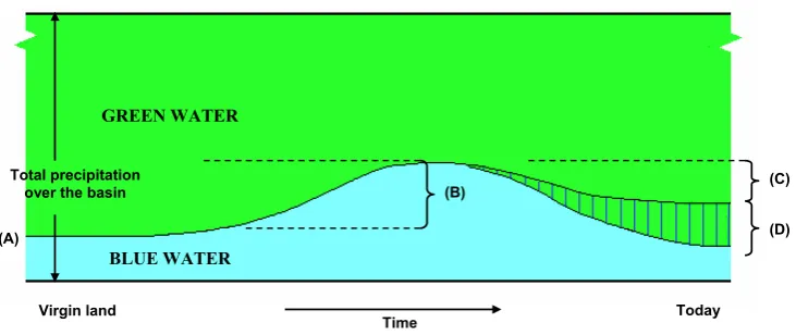 Fig. 6. Changes over time in water partitioning in a typical basin from un-disturbed to present