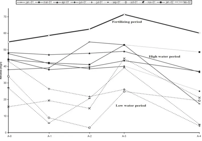 Fig. 7. Soil water content profiles in four pits of the wetland area between June 2000 and June 2001 (TP-1, TP-2, TP-4 and TP-5 locationare shown in Figure 2).