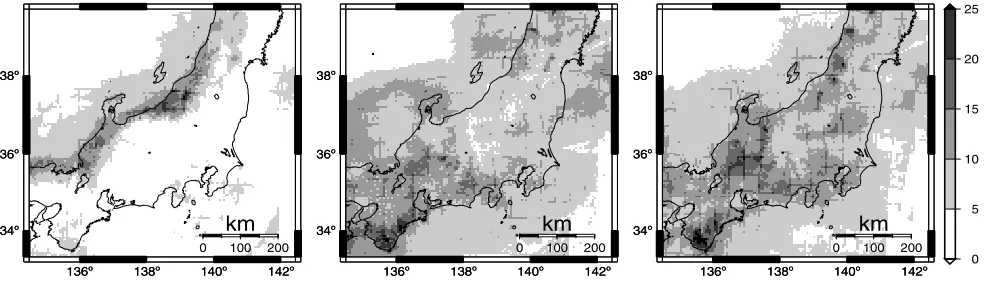 Fig. 2. Spatial heterogeneity shown by the daily average rainfall intensities for the months of January (left) May (middle) and July (right),based on radar-AMeDAS data from 1995 to 1999