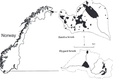Fig. 1. Map of the catchments, showing the location in Norway. Measuring weirs and measuring stations arelocated at the outlet of each catchment