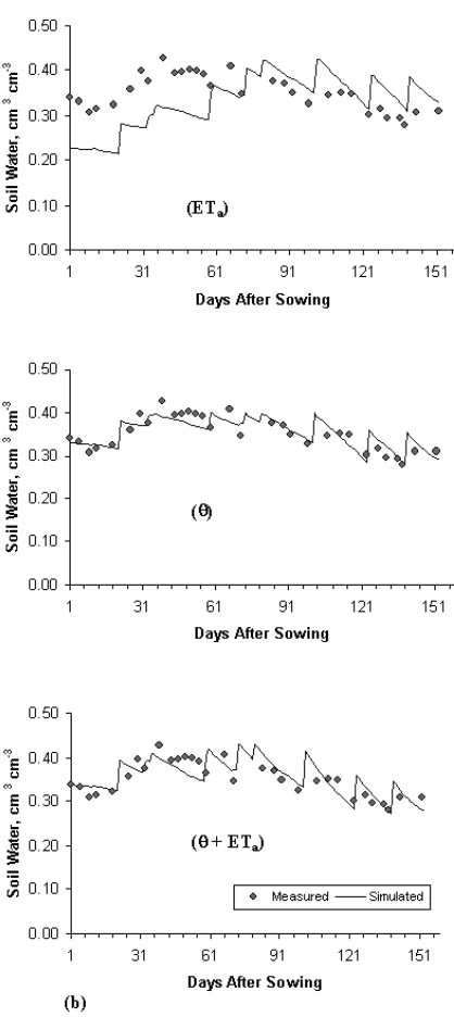 Fig. 9b. Simulated and measured soil water using the GA derivedMVG parameters in the experimental study (8-parameter)