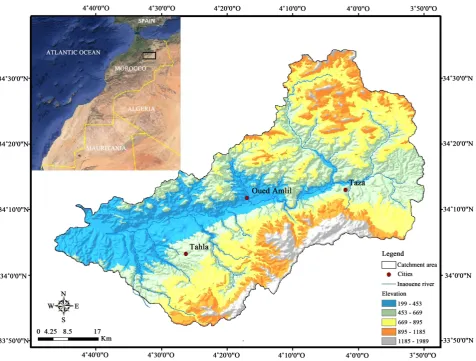 Figure 1. (a) Position of Inaouene river basin in Morocco; (b) Elevation map of Inaouene river basin based on SRTM-DEM with the main cities (red dots) and the course of the river (blue line)