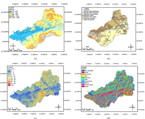 Figure 2. Some intermediate results of physiographic study. (a): Elevation map; (b): Geologic map; (c): Slop map; (d): Aspect map