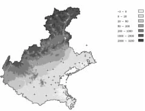 Fig. 1.  Digital Elevation Model of the Veneto Region with raingauging stations. Elevation in m -  Distance ranges: N-S  circa183.5 km; E-W circa 172 km