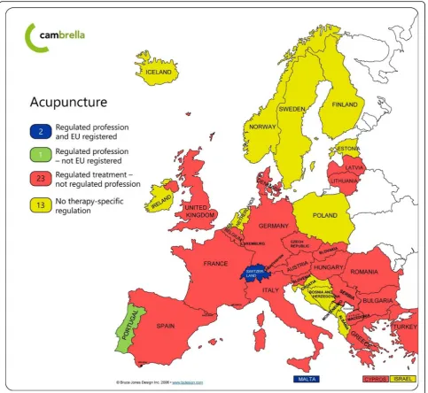 Fig. 1 “the CAMbrella projecthas not been published before. The map is developed on the basis of an uncolored clip-art map of the European countries, retrieved from:“Regulation of Acupuncture in Europe” depicted in Fig
